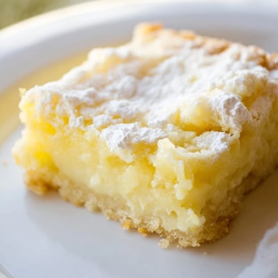 Creamy Lemon Gooey Butter Cake with a perfectly gooey center sliced into generous squares