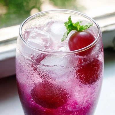 Chilled Grape Agua Fresca poured over ice with fresh mint garnish