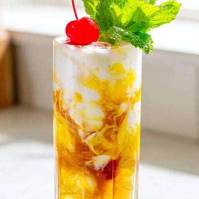 Fizzy Tropical Thunder Dirty Soda topped with pineapple slices and bright maraschino cherries