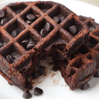 Golden fudgy brownie waffles topped with whipped cream and fresh berries
