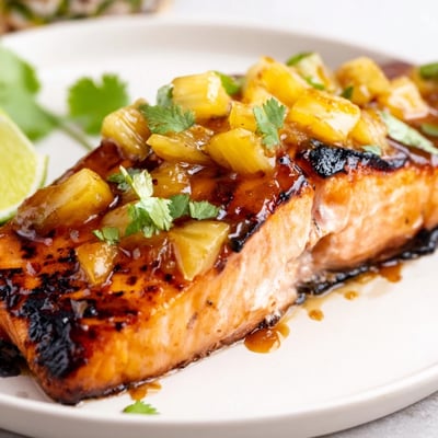Caramelized honey pineapple glazed salmon topped with diced fruit and fresh green onions