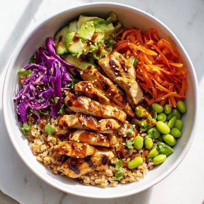 Golden marinated chicken strips nestled over crisp veggies and fluffy rice bowl