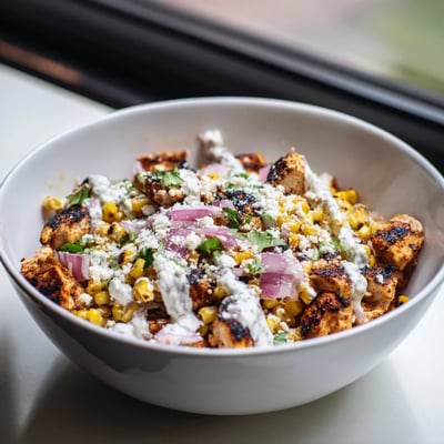 Tasty high protein chicken street corn salad plated with cherry tomatoes, cilantro, and creamy dressing